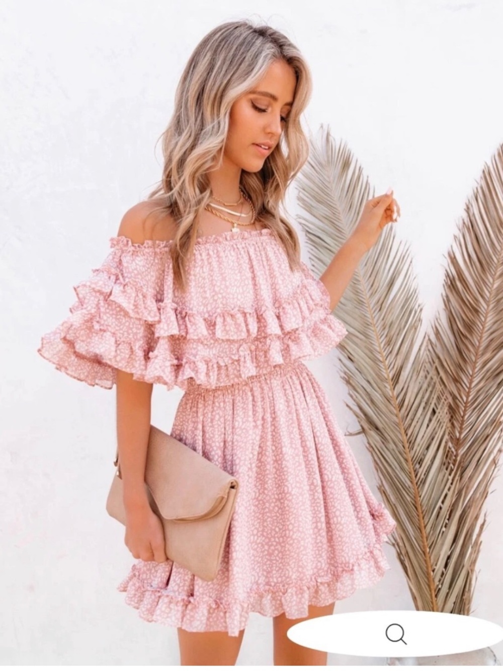 Indikah by Angel Biba Pink Off-The-Shoulder Tiered Ruffle Floral Mini Dress, EUC